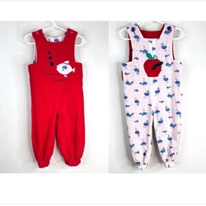 VTG 90s Lumplestiltskin Reversible Corduroy Romper 2T Red Fish Caterpillar Whale